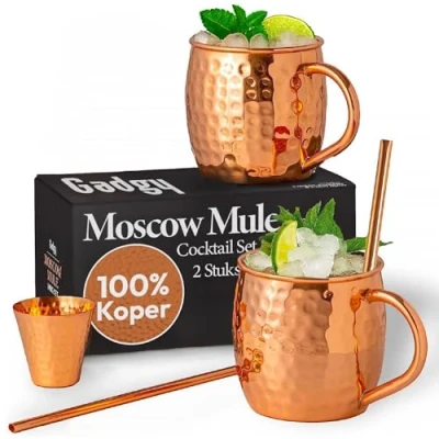 Afbeelding van Gadgy Moscow Mule Bekers Set 100% Koper Cocktailset : 2 Cocktailglazen, Rietjes &amp; 1 Barmaatje Cadeau voor Vrouw en Man