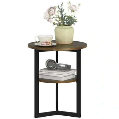 Afbeelding van HOMCOM Ronde bijzettafel, salontafel, woonkamer, industrieel, met opbergplanken en stalen frame, bankpunt voor slaapkamer, Ø 40 x 48 cm, bruin