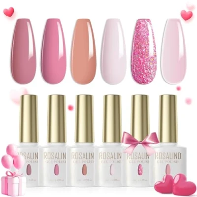 Afbeelding van ROSALIND Pastel UV Nagellak, 6 kleuren, lichtroze, kaki, bruin, havervlokken, glitter, roze, schellak, kleurgel voor gelnagels, LED, Valentijnsdag, gel, salon design