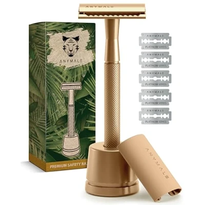 Afbeelding van ANYMALE® Gold Edition veiligheidsscheerapparaat voor dames met standaard en 5 mesjes ASTRA plasticvrij metalen scheerapparaat