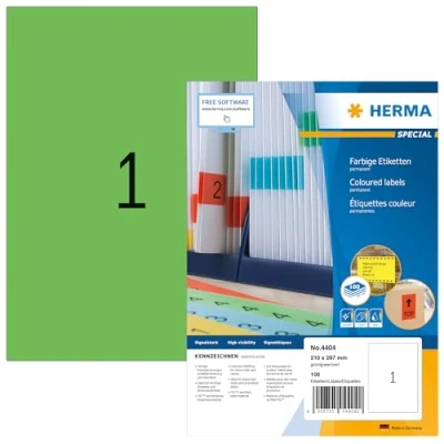 Afbeelding van HERMA 4404 gekleurde etiketten groen, 1400 vellen, 210 x 297 mm, 1 per vel A4, stuks, zelfklevend, bedrukbaar, mat, blanco papier,