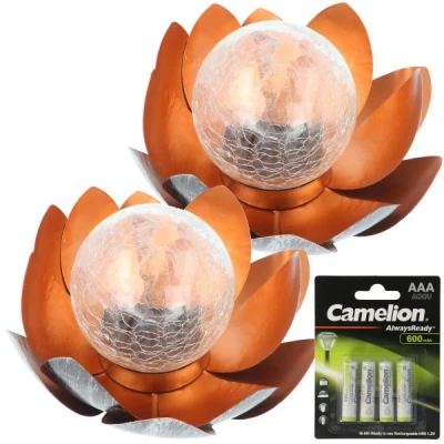 Afbeelding van 2x decoratieve solar lotusbloem van metaal met glazen bol aangenaam warm wit licht fantastische lichteffecten gebroken glasoptiek 4x r...