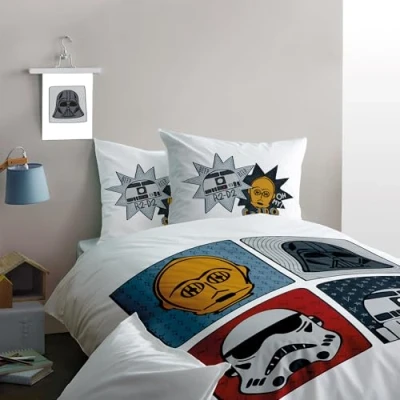 Afbeelding van Omydream Star Wars Home Portraits beddengoed voor kinderen, 100% katoen, Oeko Tex, dekbedovertrek 140 x 200 cm + 1 kussensloop 65 cm, bedrukt jongens, wit