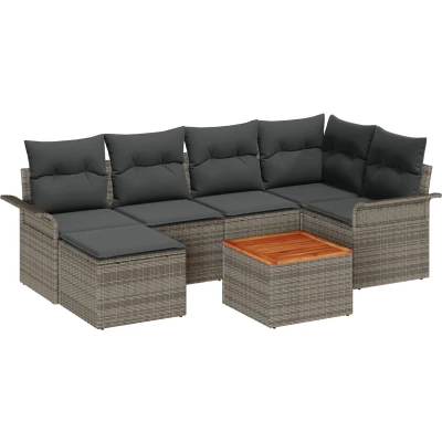 Afbeelding van vidaXL 7 delige tuinset met kussens in grijs poly rattan en acacia