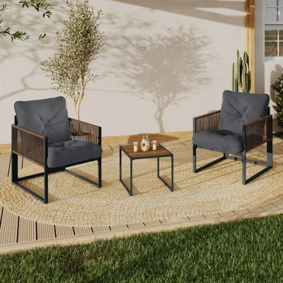 Image de Salon de jardin RIO table et 2 fauteuils en métal gris, cordage effet rotin foncé coussins gris