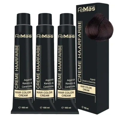 Image de FemMas Lot de 3 teintures pour cheveux, crème pro., huile d&#039;argan, kératine, céramides, coloration permanente/semi permanente, résultats éclatants durables, marron clair ambre chocolat 5.89, 100 ml
