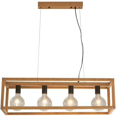 Afbeelding van Vierkante hanglamp, 4 lamps, 90 cm lang, bamboe, E27