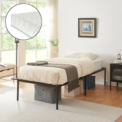 Afbeelding van Metalen bedframe Vårdö 90x200 cm met bedbodem en matras zwart [en.casa] [neu.haus]