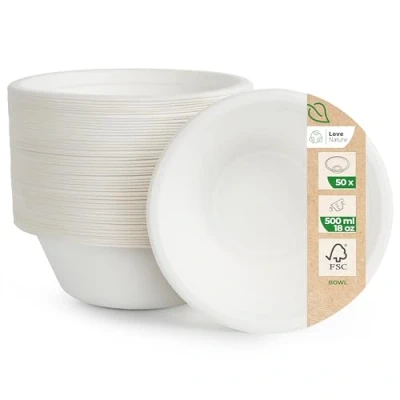 Afbeelding van Love Nature Ecologisch wegwerp soepkom 50 stuks wegwerpservies suikerriet kommen eenmalig soepkommen (500 ml)