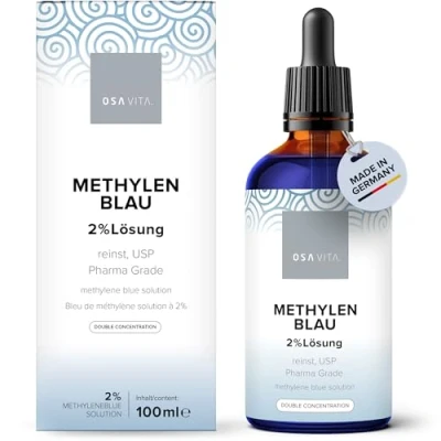 Afbeelding van OSAVITA® Methyleenblauwe oplossing 2% met pipet, pure USP, dubbele concentratie als 100 ml, laboratoriumgeteste kwaliteit uit Duitsland