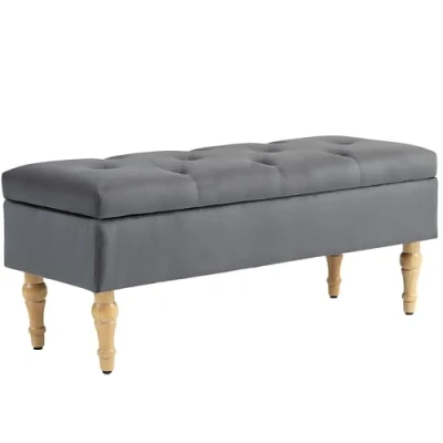 Afbeelding van HOMCOM opbergbank, 2 in 1, bank, fluweel, 38 l, middeleeuwse stijl, met scharnierdeksel en houten poten, voor hal, woonkamer, slaapkamer, 102 x 41 cm, grijs