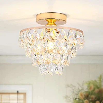 Afbeelding van ZenithBeam Mini Kristallen Kroonluchter Kleine Plafondlamp, Moderne Plafondlamp Voor Hal Plafondlampen Inbouw Slaapkamer Woonkamer (Goud)