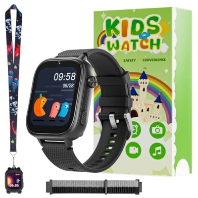 Afbeelding van OKYUK 4G Smartwatch voor kinderen, GPS en telefoon, kinderhorloge jongens meisjes, met videogesprek, berichten, schoolmodus, SOS functie, camera stappenteller (zwart)