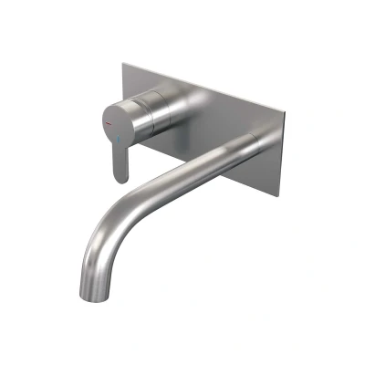 Afbeelding van Brauer Brushed Edition Wastafelmengkraan inbouw gebogen uitloop rechts hendel plat smal afdekplaat model D2 PVD geborsteld RVS