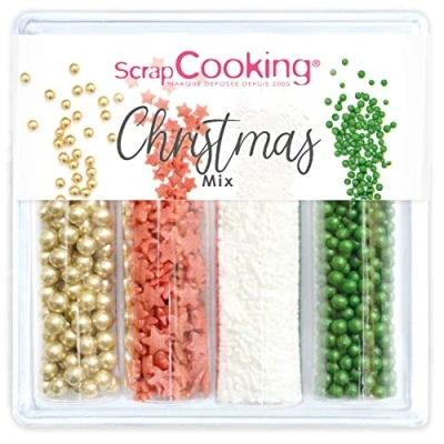Afbeelding van ScrapCooking Zoete decoraties &quot;Xmas Mix&quot; 70 g Assortiment 4 soorten: Gouden Kralen, Groene Ballen, Rode Sterren, Witte Vermicelli Blok Decoraties, Taart, Cupcakes, Tafeldecoratie Kerstmis 7520