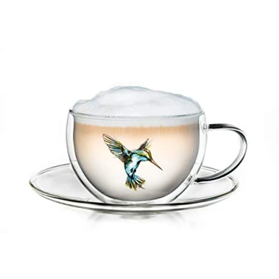 Afbeelding van Creano Hummi Dubbelwandige Thermosbeker voor Thee/Latte Macchiato Kolibrie Mok met Schotel 250 ml in exclusieve Vadeau doos, Blauw