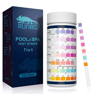 Afbeelding van RUNBO 150 stuks 7 in 1 zwembadwaterteststrips voor pH, watertester spa zwembad, nauwkeurig testbroom, totale alkaliteit, vrij chloor, hardheid, pH