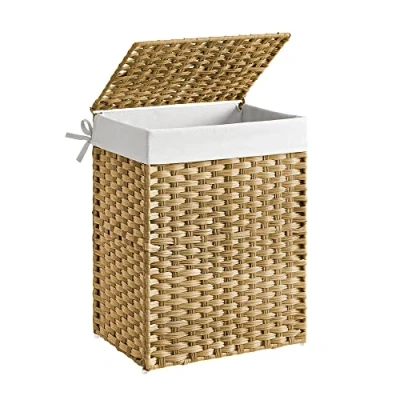 Afbeelding van SONGMICS Opbergmand, vuile wasmand, 90 l, met deksel, opvouwbaar, afneembare stoffen zak en handgrepen, voor dekens, kleding, woonkamer, slaapkamer, wasruimte, houtkleur LCB51NL