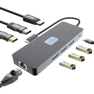 Afbeelding van MMOBIEL Adapter Hub USB C naar Dual HDMI &amp; DisplayPort 4K @60Hz, 100W Power Delivery, 3x 3.0, ETH 1000Mbps 8 in 1 Docking Station Quad Display Multiport