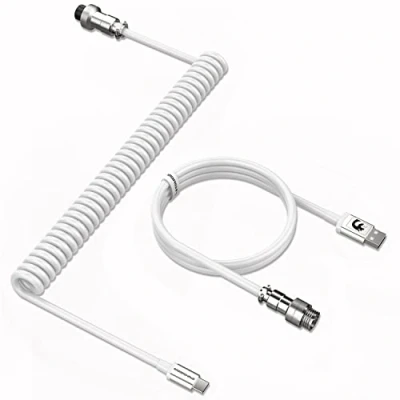 Afbeelding van MAMBASNAKE C01 Câble de Clavier Spiralé Pro Personnalisé pour Mécanique, USB C Enroulé, Jeu Type to A avec Connecteur Aéronautique en Métal Amovible Blanc
