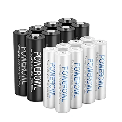 Afbeelding van POWEROWL Set van 16 oplaadbare AA batterijen, voorgeladen, 8 x 2800 mAh + batterijen AAA 1000 mAh, 1,2 V Ni Mh 1200 cycli, lage zelfontlading (8AA+8AAA)