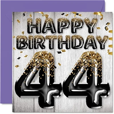 Afbeelding van Verjaardagskaart voor mannen 44 jaar, zwarte en gouden glitterballonnen, verjaardagskaarten vader, neef, vriend, broer, oom, 145 mm x