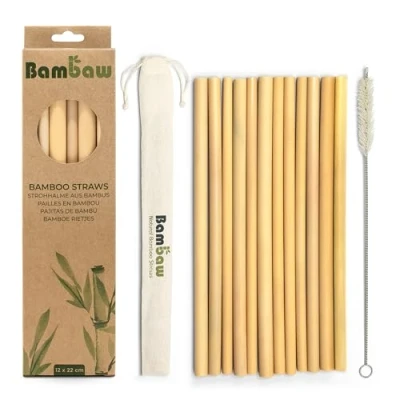 Afbeelding van Herbruikbare Bamboe Rietjes 12 X 22cm Herbruikbaar Rietje Sterk &amp; Duurzaam Cocktail Biologisch Afbreekbaar Milieuvriendelijk Vaatwasserbestendig Opbergzakje Bambaw