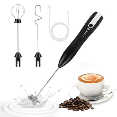 Afbeelding van Weinsamkeit Elektrische melkopschuimer, USB oplaadbaar, met 3 roerkoppen, mini garde, instelbare snelheden, eiermixer voor koffie, matcha, latte, cappuccino