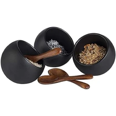 Afbeelding van APS Tafelservies Moon 6 delige set 3 melamine kommen (Ø 8 cm) + houten lepels, zwart