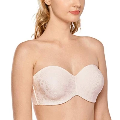 Afbeelding van DELIMIRA Damesbeha, ongevoerd, bandeau band, jacquard, bloemenpatroon, Roze Wit