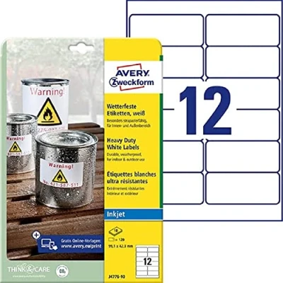Afbeelding van AVERY Zweckform J4776 10 120 stuks weerbestendige kunststof folie etiketten voor inkjetprinters (120 stickers, 99,1 x 42,3 mm op A4, extreem klevend, waterdicht