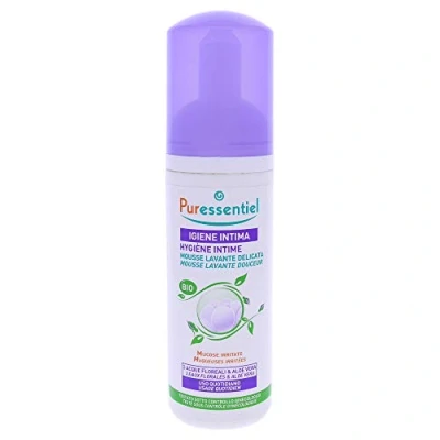Afbeelding van Puressentiel Hygiëne intieme zacht schuim met 3 bloemenwater en aloë vera biologisch dagelijks gebruik voor kalmering van geïrriteerde slijmvliezen 150 ml