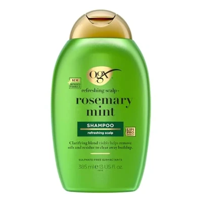 Afbeelding van OGX Refreshing Scalp+ Rosemary Mint Haarreinigende shampoo (385 ml), die helpt om oliën en resten zichtbaar te verwijderen, voor alle haartypes, vooral