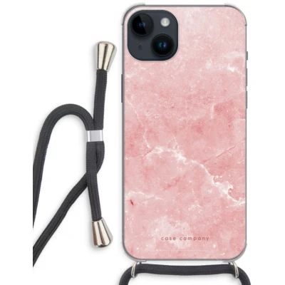 Afbeelding van Case Company® hoesje met Koord geschikt voor iPhone 14 Plus Roze marmer Telefoonhoesje Zwart Extra Bescherming aan alle Kanten en Over de Schermrand