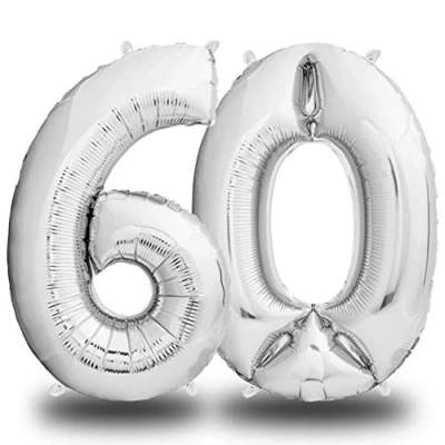 Afbeelding van envami® Opblaasbare cijferballon, zilverkleurig, 100 cm, reusachtige ballon, zweeft met helium, verjaardagsdecoratie (nummer 60)