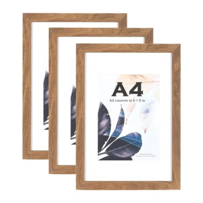Afbeelding van A4 fotolijst bruin hout met standaard, fotolijst, posterlijst, certificaatlijst, vrijstaand en wandmontage, 3 stuks