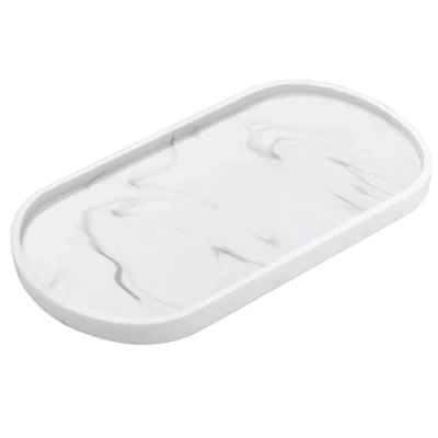 Afbeelding van Hars badkamerdienblad, make uptafel, dienblad, organizer, decoratieve ovale badkamer, sieradenopslag, serveerplank schaal voor kaarsen, zeep, cosmetica, sieraden, plant, 70 x 40 cm, marmer wit