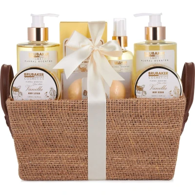 Afbeelding van BRUBAKER Cosmetics Bad en Body Set Vanille Rose Mint Geur 9 delige Cadeauset Cadeautip Vrouw Cadeau Idee in Rieten Mandje