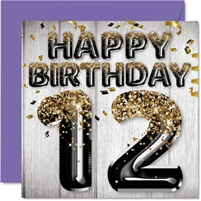 Afbeelding van stuff4 Verjaardagskaart voor jongens 12 jaar, zwarte en gouden glitterballonnen, verjaardagskaarten jongens, zoon, broer, kleinzoon, neef, 145 mm x