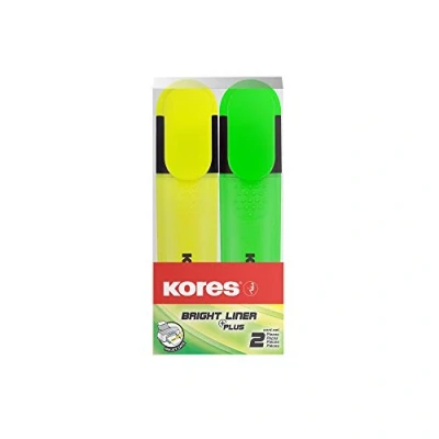 Afbeelding van Kores Bright Liner Plus: fluorescerende markeerstiften in kleur, geel en groen, afgeschuinde punt inkt op waterbasis, ergonomische vorm, school kantoorbenodigdheden, 2 stuks