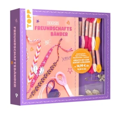 Afbeelding van Kreativ Set Zuckersüße Freundschaftsbänder. Mit Anleitungsbuch und Material: Anleitungsbuch, Knüpfgarn in 5 Farben (100% Baumwolle), Bändchenhalter, Anhänger Herzform