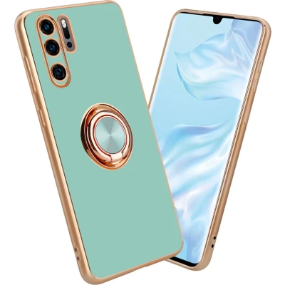 Afbeelding van Cadorabo Hoesje geschikt voor Huawei P30 PRO in Glossy Turquoise Goud met ring Beschermhoes van flexibel TPU silicone Case Cover camerabescherming en magnetische autohouder