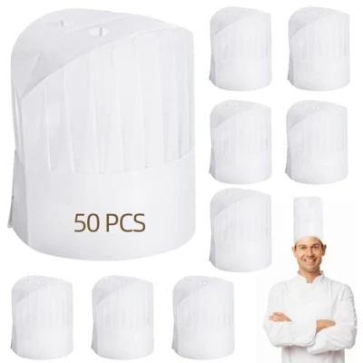 Afbeelding van CACAZI 50 stuks wegwerp koksmutsen met ademende gaten, niet geweven stof, uniseks, voor thuis, restaurant, keuken, huishoudelijk werk, catering, feest,