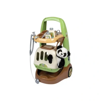 Afbeelding van Smoby dierenartswagen met een 2 in 1 panda pluche afneembare mobiele medische koffer en vele accessoires zoals stethoscoop, spuit, voederstation nog veel meer.