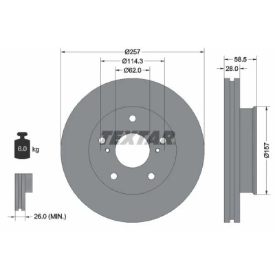 Afbeelding van TEXTAR PRO 92236003 Remschijf 257 28 05/07 114,3 interne ventilatie Gecoat Zonder wielbevestigingsbout, wielnaaf TOYOTA: HILUX 3 Pick up
