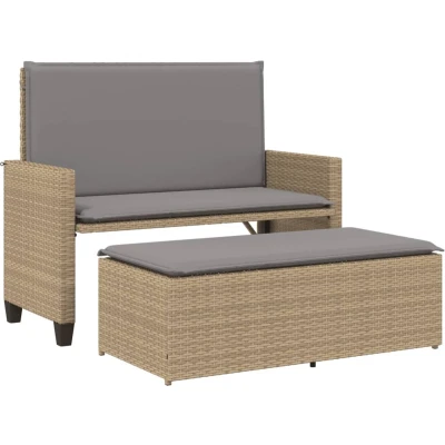 Afbeelding van Tuinbank met kussens en voetenbank poly rattan beige