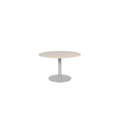 Afbeelding van Linesto 120cm ronde vergadertafel op vaste hoogte (74cm) met robson eiken 25mm blad en aluminium (RAL9006) trompetvoet