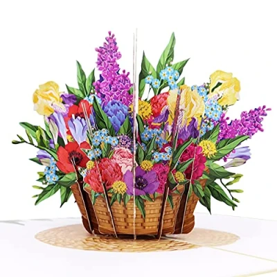 Afbeelding van MOKIO® Bloemenkaart pop up kleurrijke bloemenmand 3D cadeaukaart voor verjaardag, waardebon of geldcadeau, bloemenwenskaart met envelop