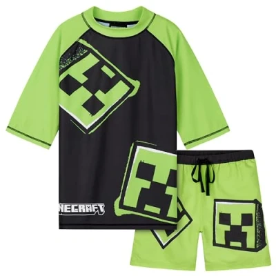 Afbeelding van Minecraft Badpak voor kinderen, 2 stuks, T shirt jongens, korte mouwen, shorts, lichtgroen/zwart