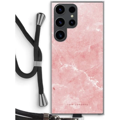 Afbeelding van Case Company® hoesje met Koord geschikt voor Samsung Galaxy S23 Ultra Roze marmer Telefoonhoesje Zwart Bescherming aan alle Kanten en Over de Schermrand